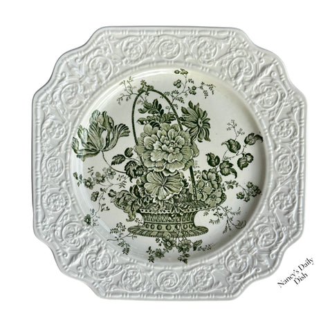 Square Embossed Vintage Green Transferware Charlotte Plate Basket of Flowers