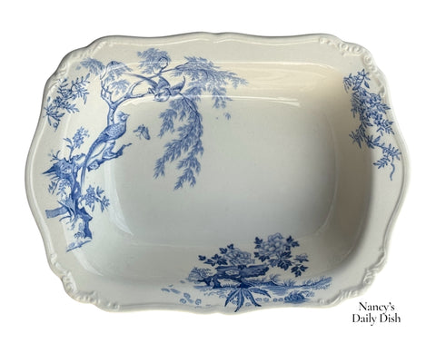 Antique English Transferware Blue & White Bowl w/ Stylized Pheasants & Peony & Plum Blossoms