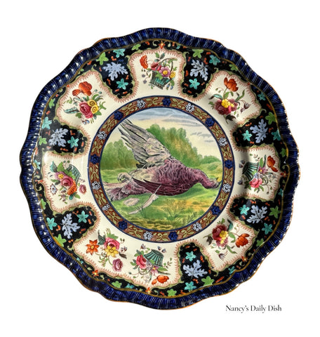 Copeland Spode Upland No.11 Grouse Game Birds Enameled Clobbered Antique Bi Color Transferware Plate