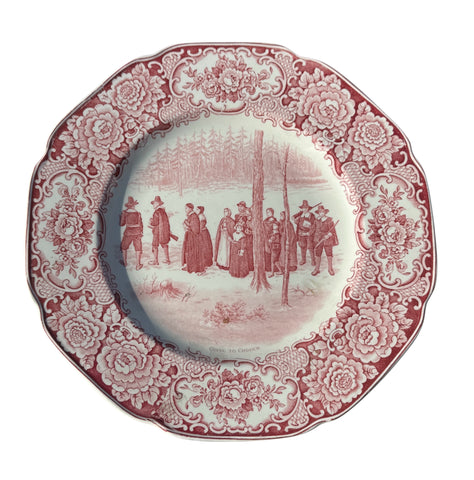 Pink / Red Transferware Plate Colonial Times - Going to Church - Historical - Pilgrim / Thanksgiving Dinnerware