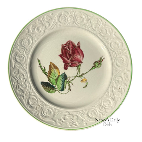 Spode Copeland Transferware Green Trim Pink Rose Plate Exquisite Relief Lace Border