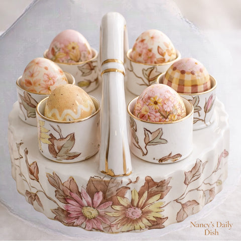 Antique Brown Transferware FRESH EGG Handled Carrier Holder w/ Hand Painted Pink & Yellow Flowers