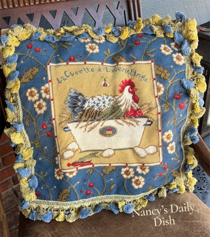 Blue Pillow Needlepoint Cover French Country Hen on Basket  Floral