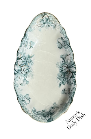 Vintage Teal Transferware Egg Shaped Relish Tray w/ Sweet Peas Rare