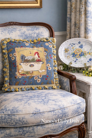 Blue Pillow Needlepoint Cover French Country Hen on Basket  Floral
