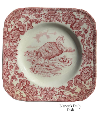 Very RARE Antique Turkey Plate Transferware Thanksgiving Square Dessert Plate Turkey