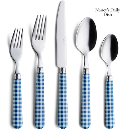 Blue Gingham Flatware Service for 4 - 20 piece set - Blue & White Checked Flatware