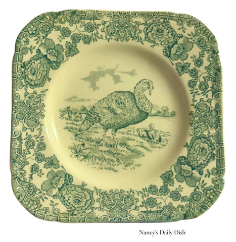 Very RARE Antique Turkey Plate Teal Transferware Thanksgiving Square Dessert Plate