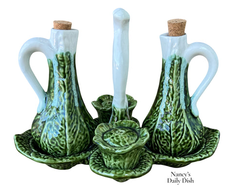 Vintage Ceramic Majolica Cabbage Leaf Cruet Set Salt Pepper Oil Vinegar Carrier