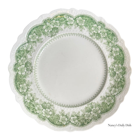 Antique Green Transferware Plate Scalloped Rim Roses Border