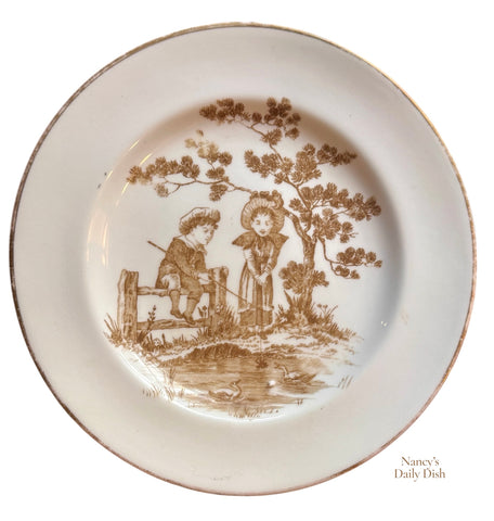 Antique Wedgwood Children Fishing Pastoral Scene Children's  China Brown Transferware Plate