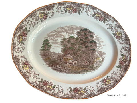 Brown Transferware Toile Platter - Farmer Horse and Cart Pastoral Harvest Scene - Hand Painted Roses