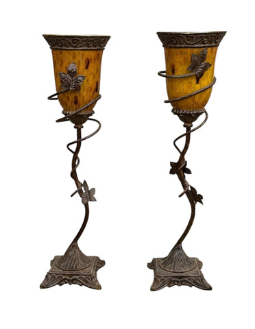 Pair of Vintage Faux Tortoise Shell Uplight Amber Metal Leaf Lamps