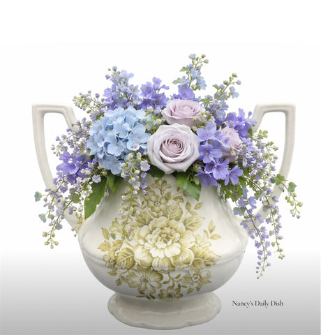 Olive / Sage Green Transferware Small Vase  Roses