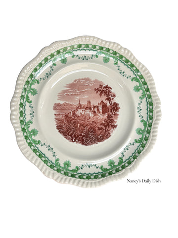 Antique Bi Color Transferware Plate Green & Brown Copeland Spode Garlands Seasode Views