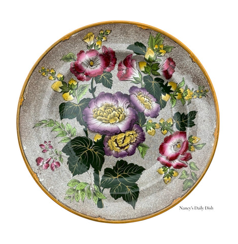 Brown Transferware Hand Painted Enameled Plate Antique Wedgwood Hollyhocks FLowers Purple & Pink