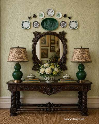 12 Piece Instant Collection Platewall Green & Brown Transferware &  Majolica Leaf Plates Platter & Butter Pats