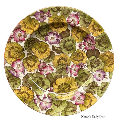 Antique Cauldon BWM 19C Aesthetic Movement Pink & Purple Geraniums Brown Transferware Plate