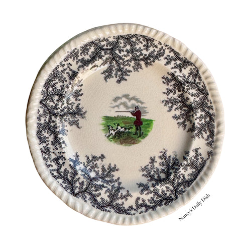 RARE Black Polychrome Transferware Plate English Hunt Scene Spode Copeland Seaweed Border