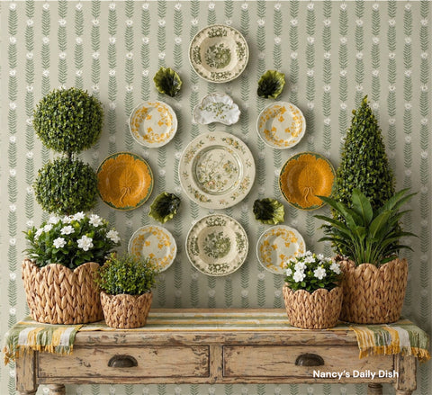 14 Piece Majolica Green & Yellow Transferware Instant Platewall Vintage English Plates