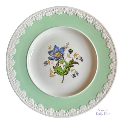 Antique Wedgwood Plate | Embossed Border | Mint-Aqua Band Periwinkle Blue Anemone Floral | c.1905–1930