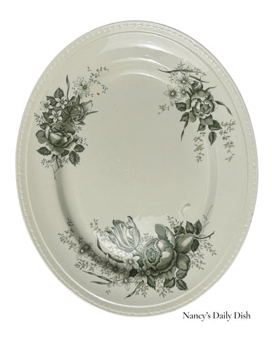 Vintage Green English Transferware Platter Shabby Roses  Tulips Ranunculus Peony