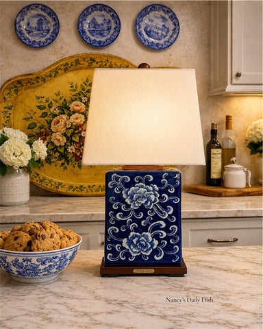 Ralph Lauren Blue & White Chinoiserie Peony Table Lamp on Wood Base