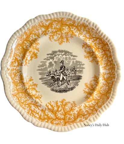 RARE Bi Color Spode Copeland Hunt Scene Charger Plate Two Color Transferware Black and Yellow English Fox Equestrian Decor
