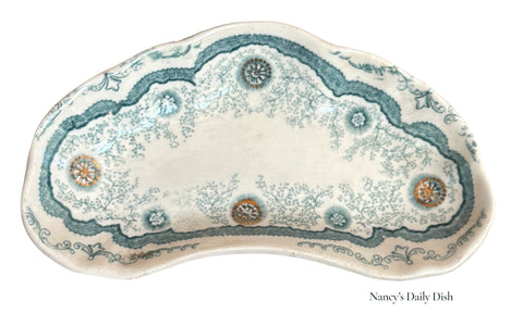 Antique Teal Green Transferware Crescent Bone Dish Woodbine