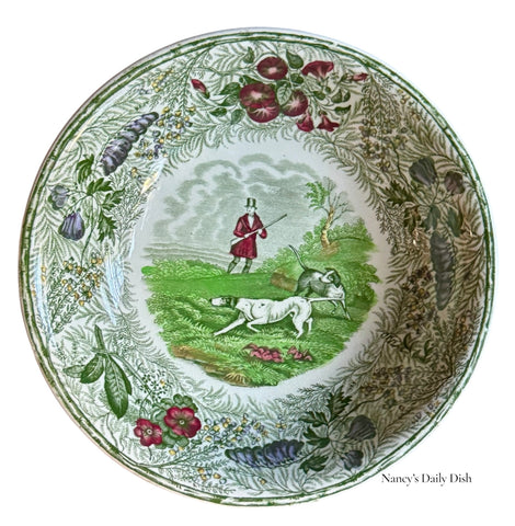 RARE Green Polychrome Transferware Bowl English Hunt Scene by Spode Copeland Field Sports
