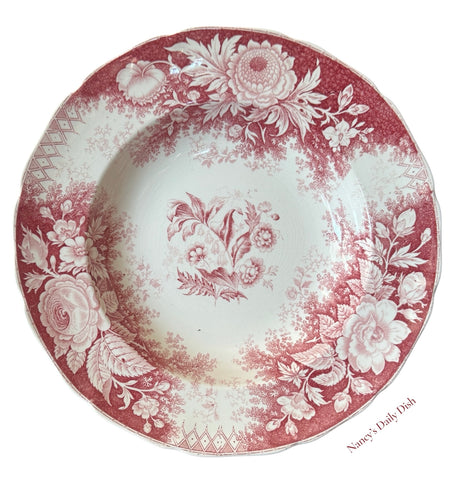 Antique Botanical Red Transferware Plate Botanical Leaves Flowers