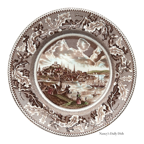 Historic America Brown English Transferware Plate Acorns Oak Leaves Boston