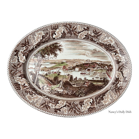 Historic America Brown English Transferware Platter Acorns Oak Leaves View of Washington D.C.