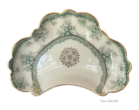 Antique Green Transferware Crescent Bone Dish Maddock