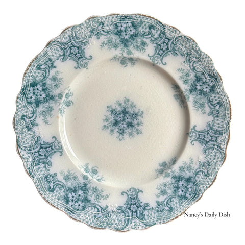 Teal Blue Green  Floral English Transferware Embossed Plate Circa 1900