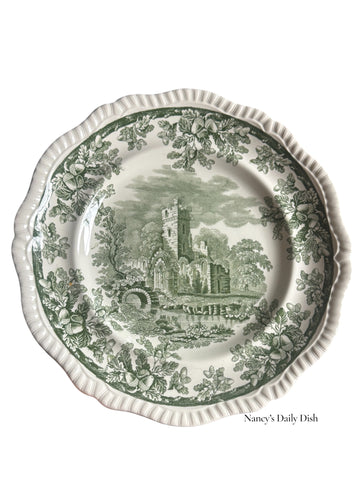 Rare Antique Copeland Spode Ruins Green Transferware Plate Acorn & Oak Leaf Border