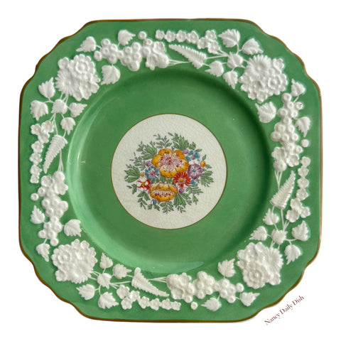Antique Clobbered Green Plate Embossed Floral Border Rhapsody George Jones Hand Painted Floral Bouquet