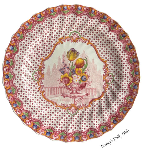 HTF Antique Red Multicolor Transferware Plate Spode Copeland Ornate Urn of Spring Tulips & Flowers