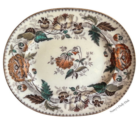 Brown Transferware Hand Enameled Platter Antique Wedgwood Vine Autumn Flowers