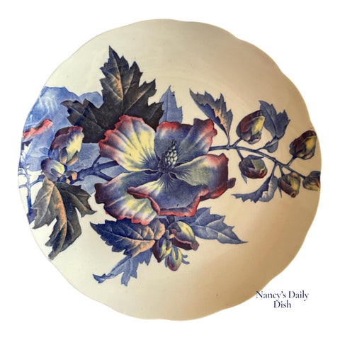 Antique 19C Aesthetic Movement Blue Transferware Hibiscus Plate  Brown Westhead & Moore Antique Transferware Victorian Plate