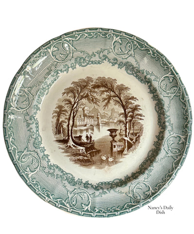 Circa 1834-59 Antique Bi Color Brown & Green English Transferware Plate  Romantic Italian Mountain Scene w/ Swans