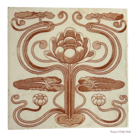 Antique Corn Bros Aesthetic Movement Art Nouveau Brown Transferware Water Lily Tile