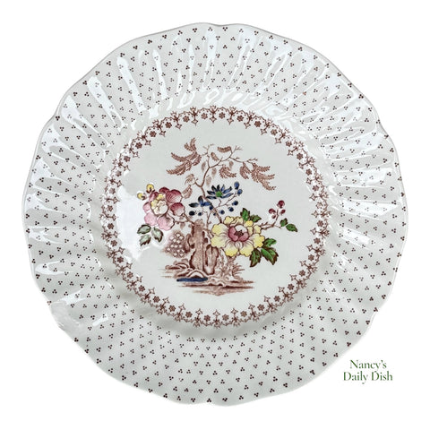Vintage English Brown Polychrome Transferware Dinner Plate Colorful Flowers Royal Doulton