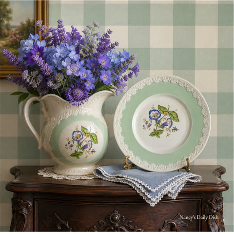 Antique Wedgwood Plate Embossed Border | Mint-Aqua Band w Blue & Purple Morning Glory Flowers c.1905–1930