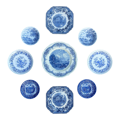 Instant Platewall Display - Collection - Blue & White English Transferware Plates Pastoral & Florals 9 Mix n Match
