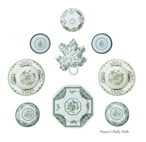 9 Mix n Match Vintage Green transferware  Floral Cottage Style Plates INSTANT WALL DISPLAY Collection
