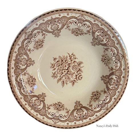 Brown Vintage English Transferware Soup Bowl / Plate Shabby Roses & Victorian Scrolls
