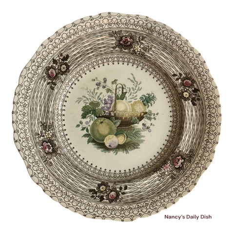 RARE William Smith & Co Multi Brown WEDGeWOOD Fruit Basket & Floral Transferware Plate