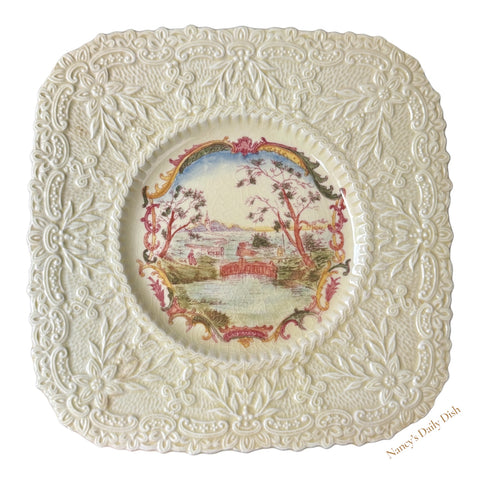 Vintage Royal Cauldon 1930's English Brown Transferware Plate Creamware Plate Cattle Bridge Lake Scenery Embossed Border #
