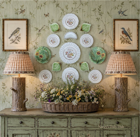 14 Piece Majolica Green & Brown Transferware Instant Platewall Vintage English Plates